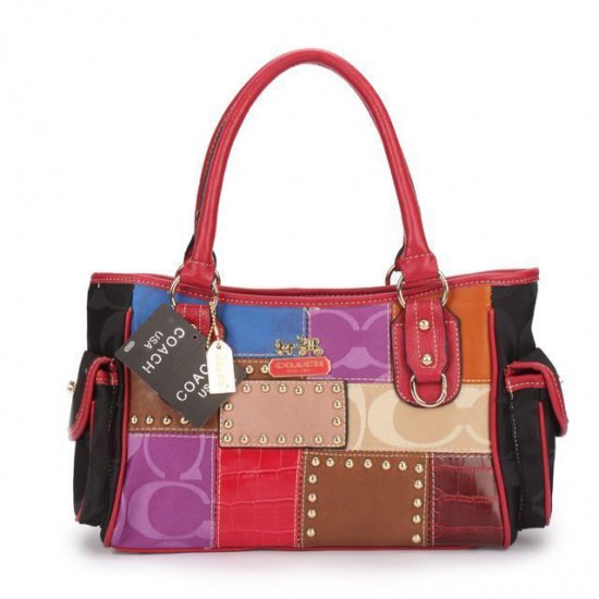 Coach Holiday Logo Stud Medium Red Multi Satchels EBV | Women - Click Image to Close